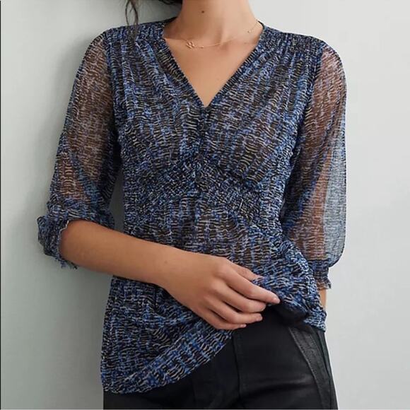 Anthropologie Gretchen Smocked Sheer top blouse Vneck - Picture 1 of 15